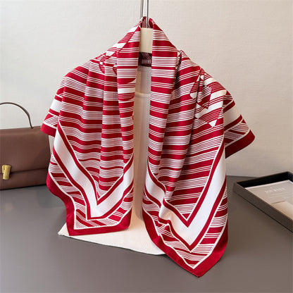 Silk Scarf In Wine Red Featuring Printing And Lines, Made Of Polyester, Perfect For Autumn