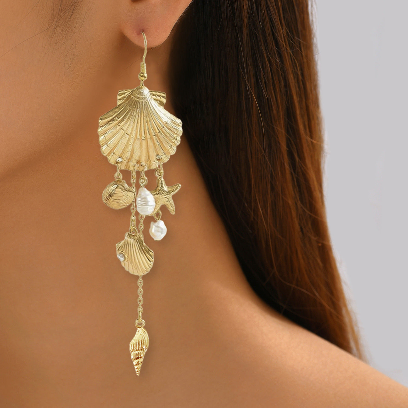 For Women Golden Marine Style Shell Drop Earrings Made Of Alloy
