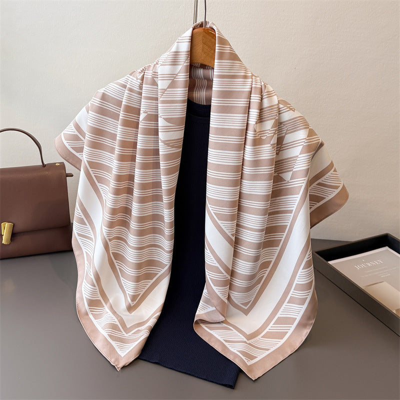 Silk Scarf In Wine Red Featuring Printing And Lines, Made Of Polyester, Perfect For Autumn