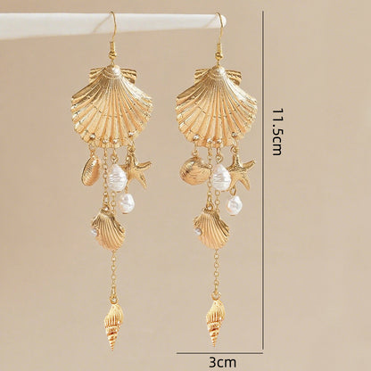 For Women Golden Marine Style Shell Drop Earrings Made Of Alloy