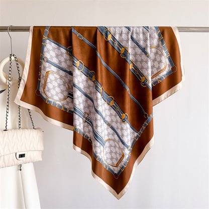 Silk Scarf In Wine Red Featuring Printing And Lines, Made Of Polyester, Perfect For Autumn