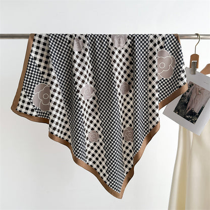 Silk Scarf In Wine Red Featuring Printing And Lines, Made Of Polyester, Perfect For Autumn