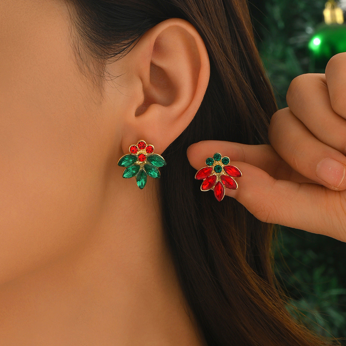 Christmas Flowers Stud Earrings For Women In Red Alloy, Elegant Holiday Jewelry Gift