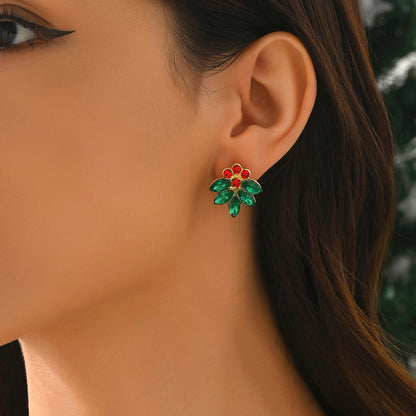 Christmas Flowers Stud Earrings For Women In Red Alloy, Elegant Holiday Jewelry Gift