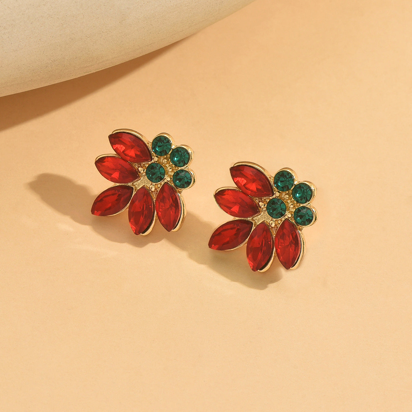 Christmas Flowers Stud Earrings For Women In Red Alloy, Elegant Holiday Jewelry Gift