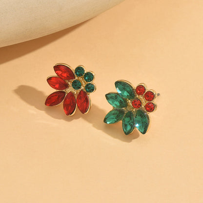 Christmas Flowers Stud Earrings For Women In Red Alloy, Elegant Holiday Jewelry Gift