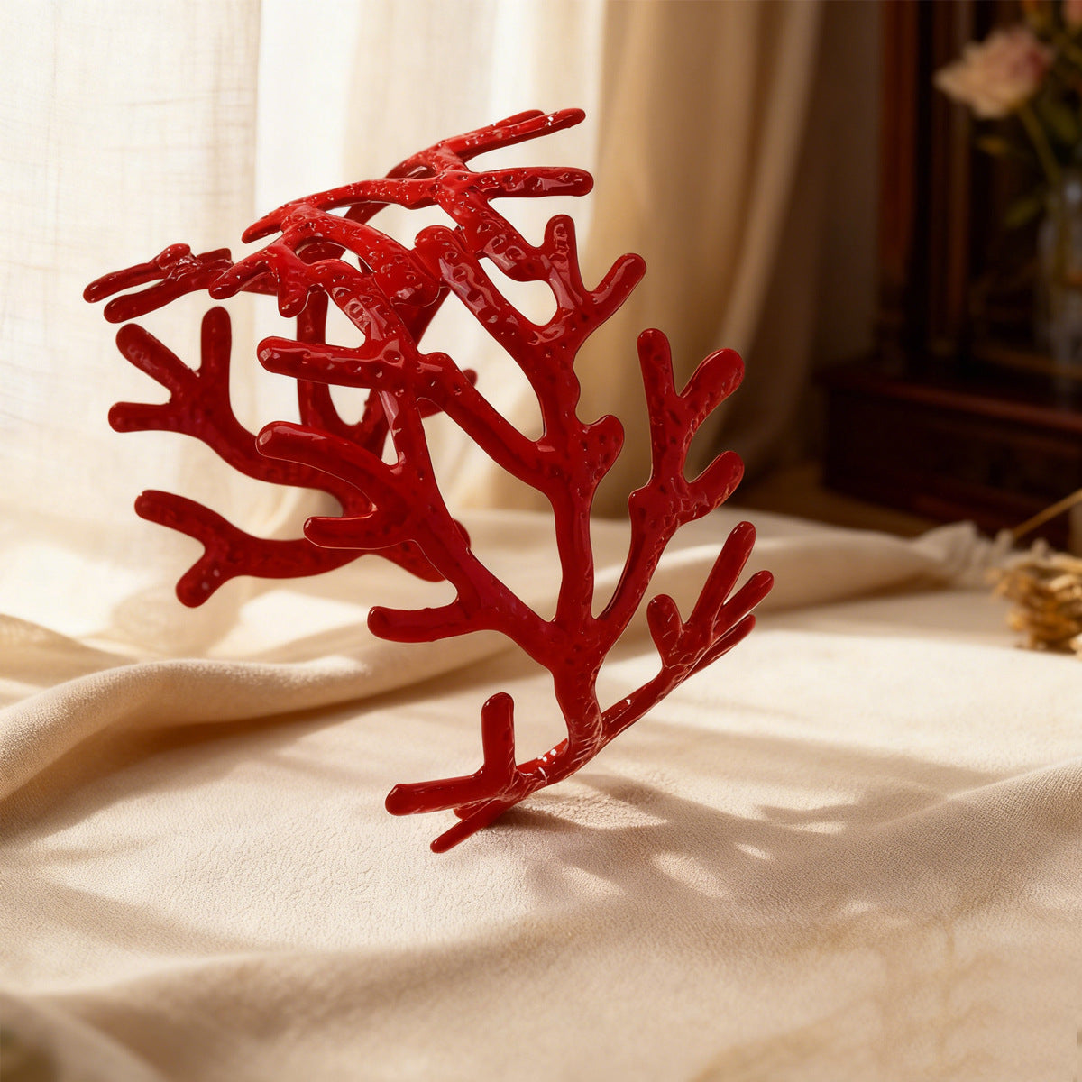 Retro Red Coral Bangle For Women Featuring Hammered Alloy Design