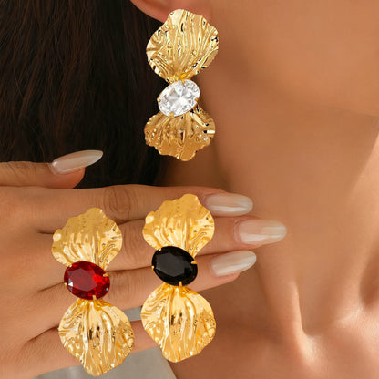 Petal Stud Earrings For Women In Golden Alloy, Elegant Floral Design