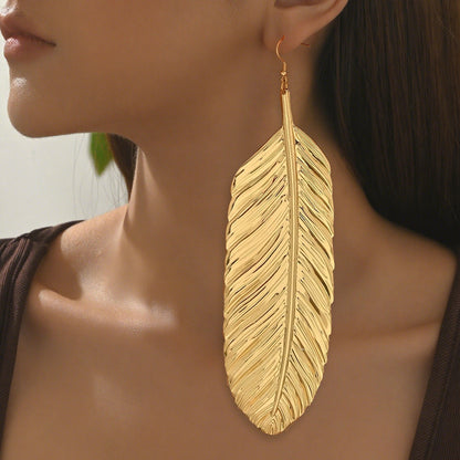Retro Feather Drop Earrings For Women Featuring Brushed Golden Alloy Ear Hook Design