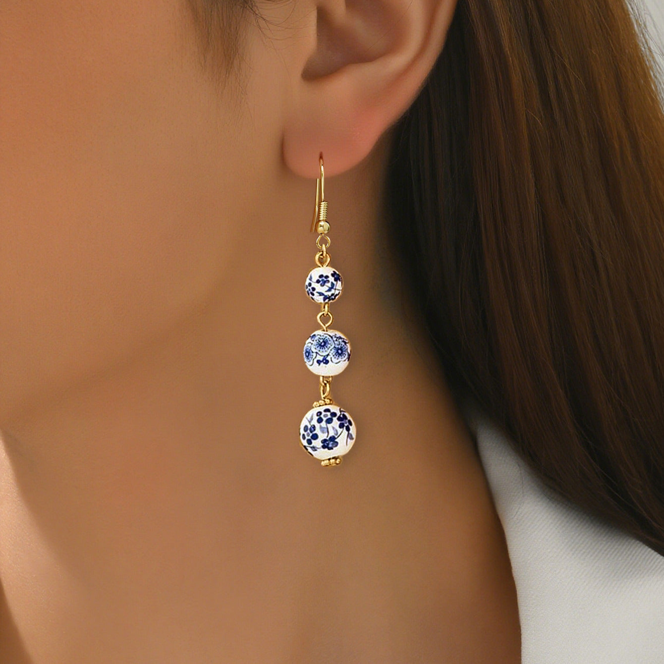 Ethnic Style Drop Earrings For Women Featuring Ceramic Flowers Design