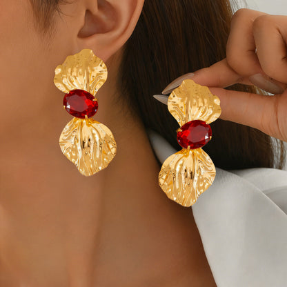 Petal Stud Earrings For Women In Golden Alloy, Elegant Floral Design
