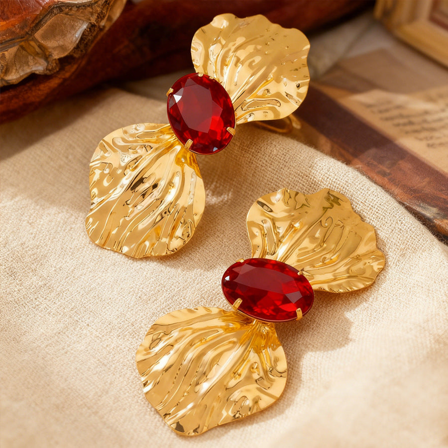 Petal Stud Earrings For Women In Golden Alloy, Elegant Floral Design