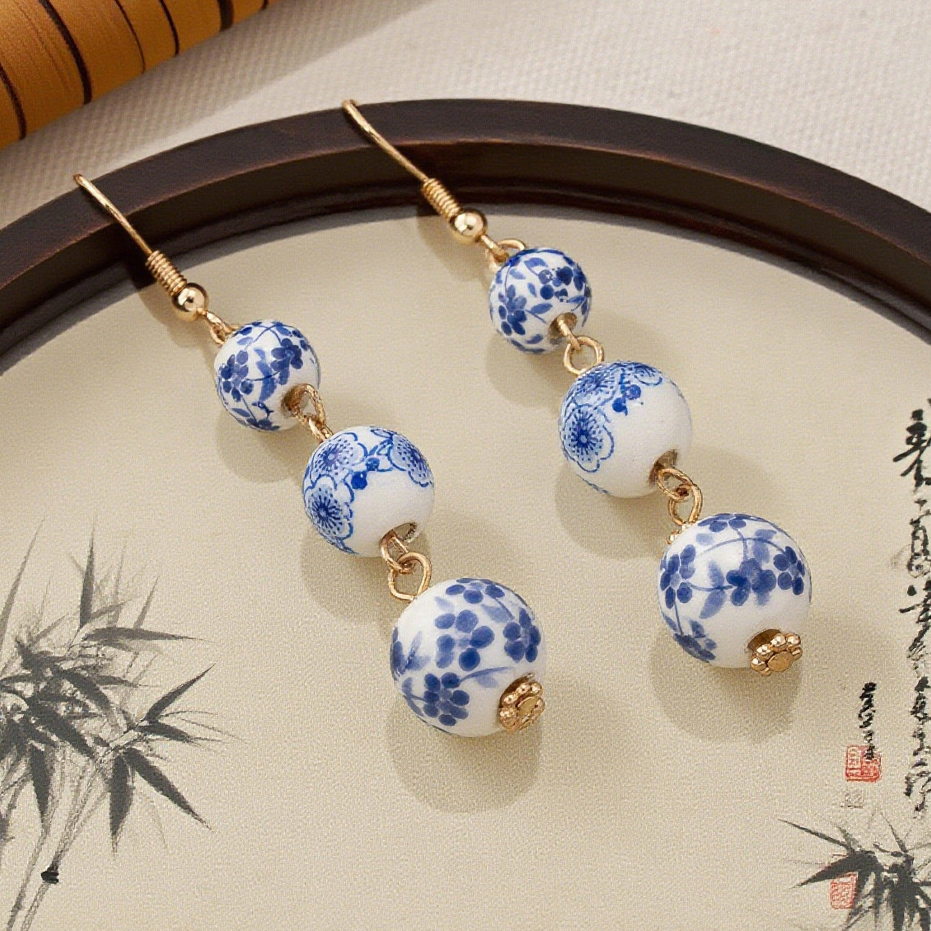 Ethnic Style Drop Earrings For Women Featuring Ceramic Flowers Design