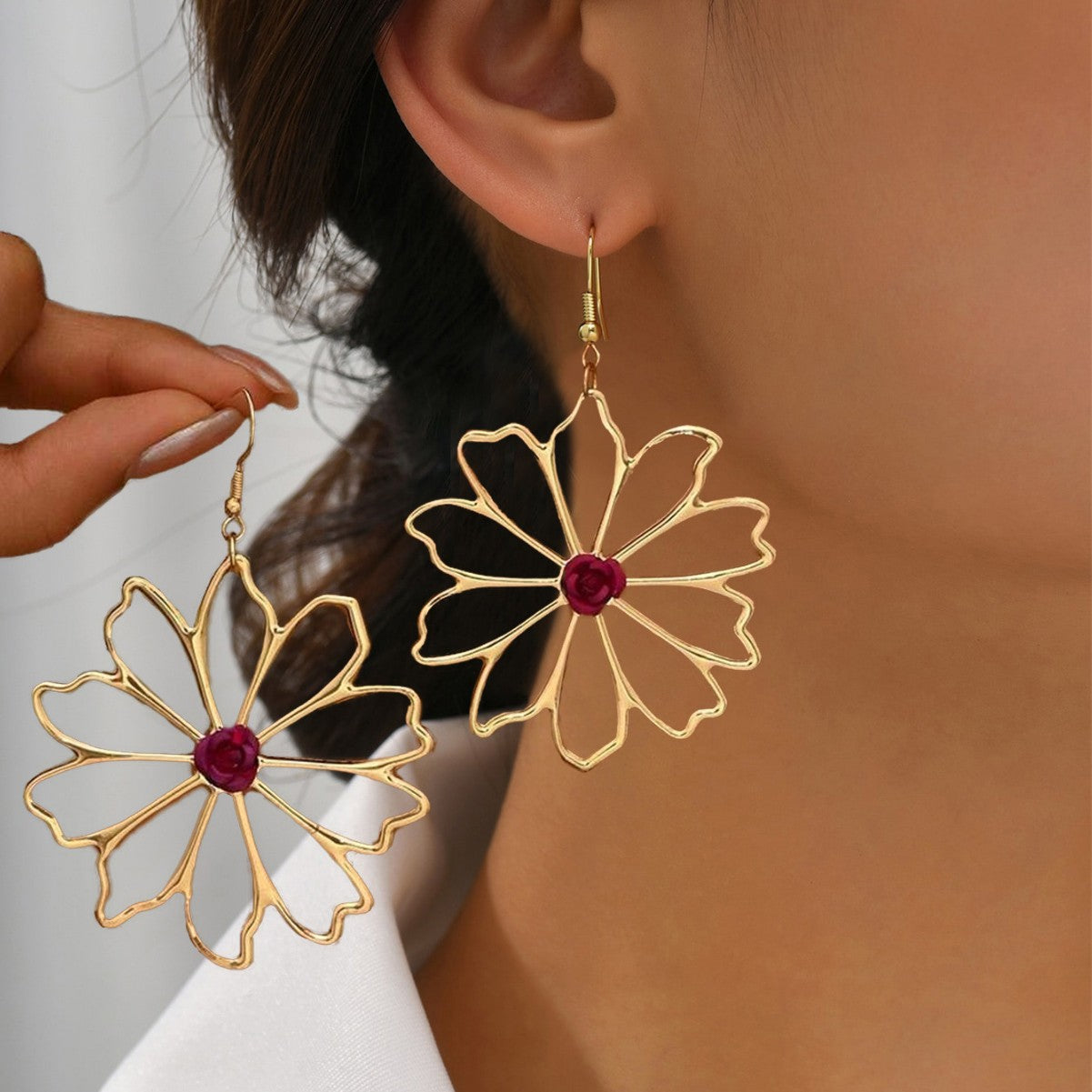 Golden Alloy Flowers Drop Earrings For Elegant Style