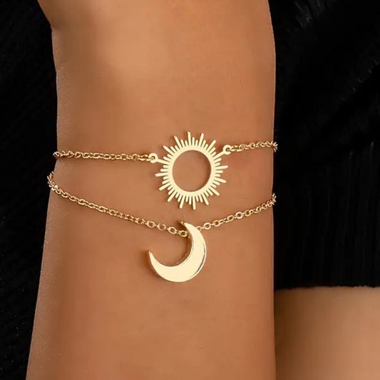 Sun Pattern Metal Bracelet For Women, Golden Color, 1 Set