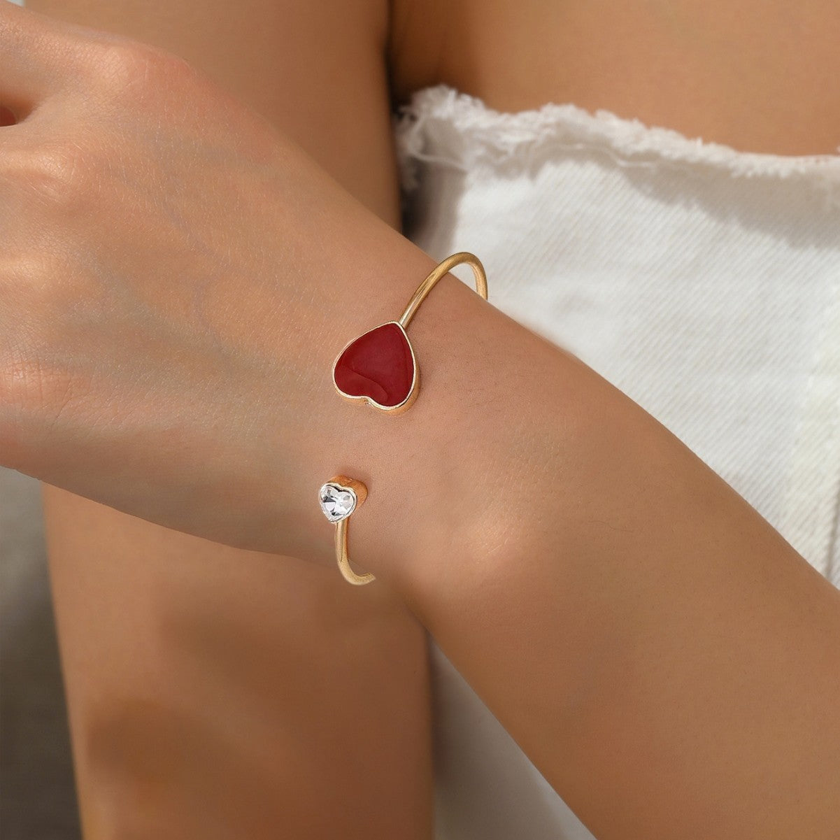 Sweet Red Heart Shape Metal Bangle For Women, Elegant Jewelry Accessory