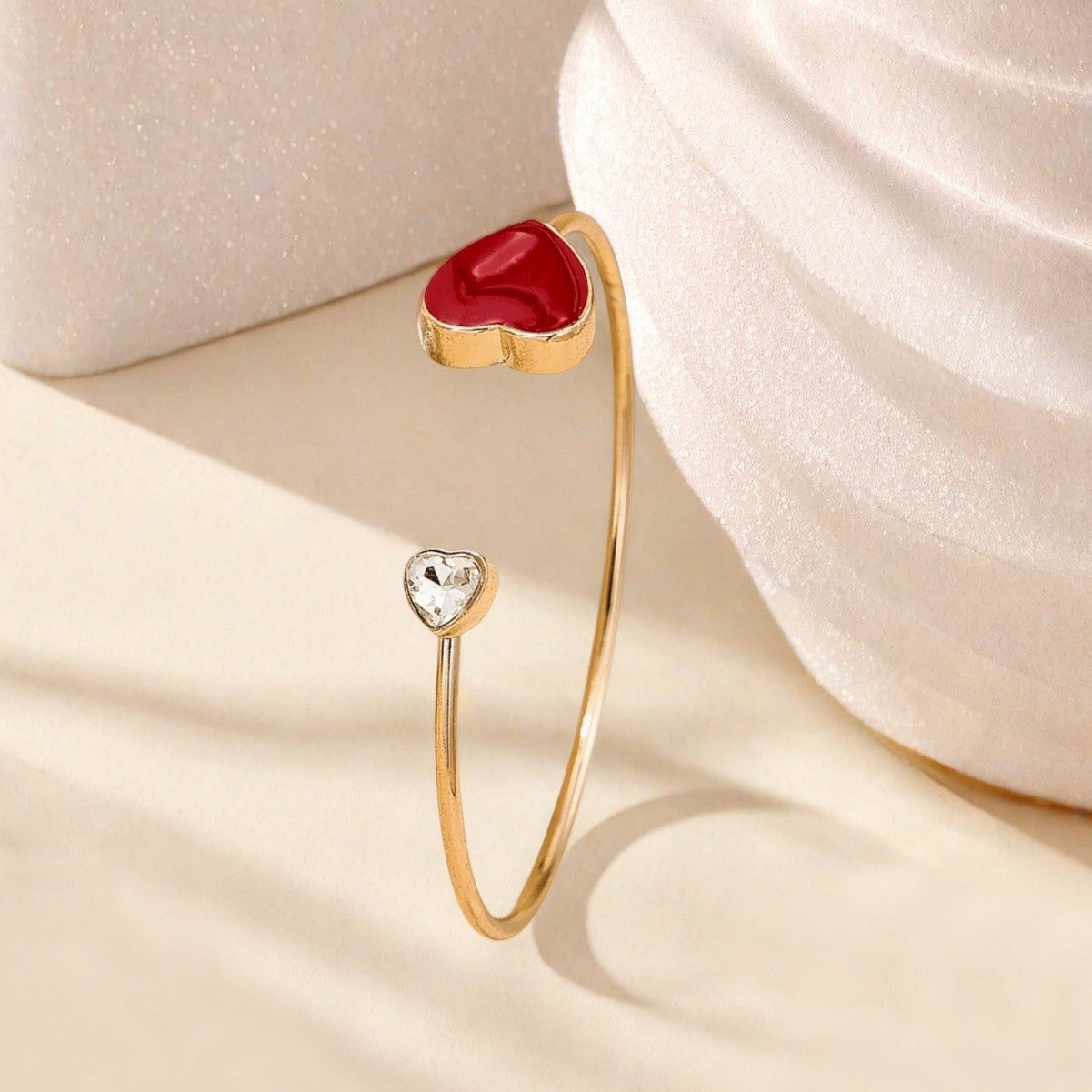 Sweet Red Heart Shape Metal Bangle For Women, Elegant Jewelry Accessory