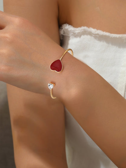 Sweet Red Heart Shape Metal Bangle For Women, Elegant Jewelry Accessory