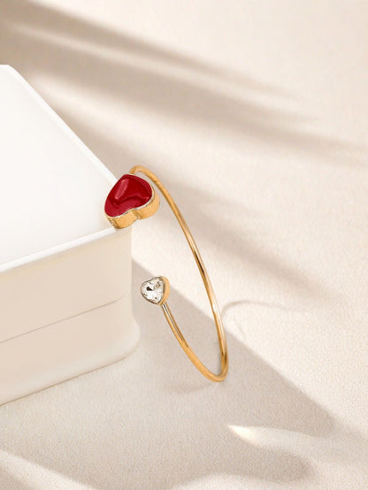 Sweet Red Heart Shape Metal Bangle For Women, Elegant Jewelry Accessory