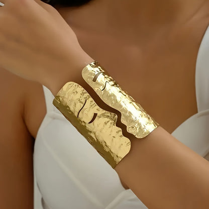 Simple Style Alloy Arm Cuff For Women Featuring A Human Face Design In Golden Color Wristband