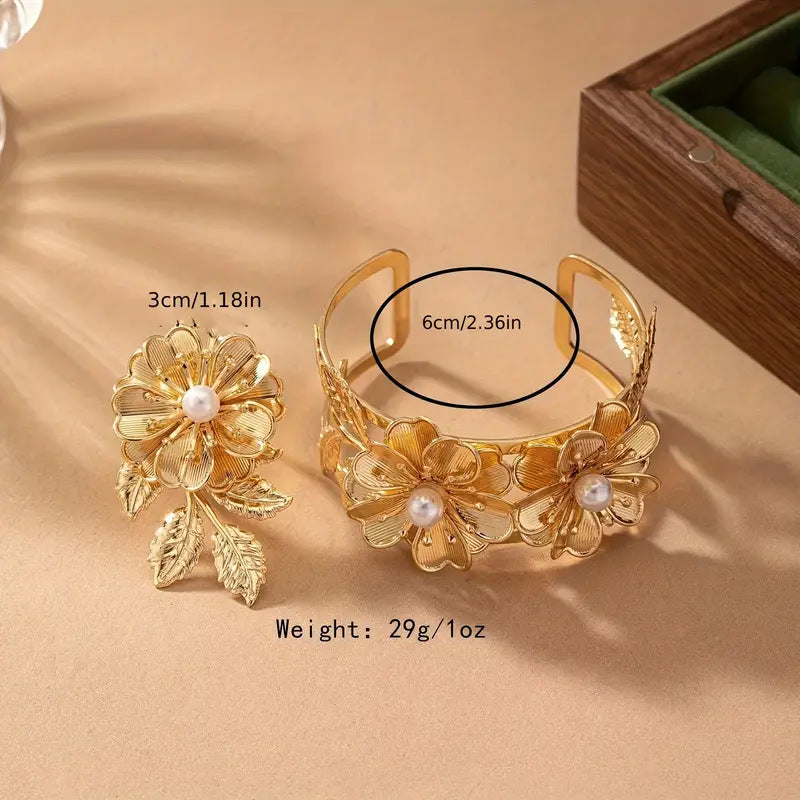 Golden Jewelry Set Featuring Flower Pattern Made Of Metal, Elegant And Stylish Accessory