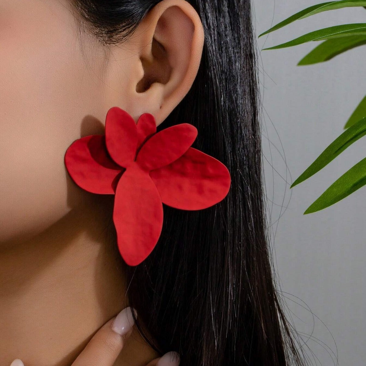 Red Metal Flowers Stud Earrings For Elegant Everyday Wear