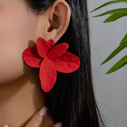 Red Metal Flowers Stud Earrings For Elegant Everyday Wear