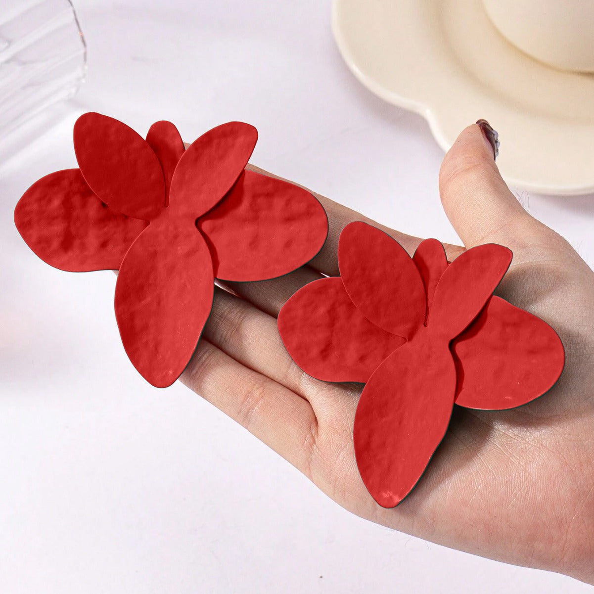 Red Metal Flowers Stud Earrings For Elegant Everyday Wear