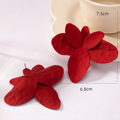 Red Metal Flowers Stud Earrings For Elegant Everyday Wear