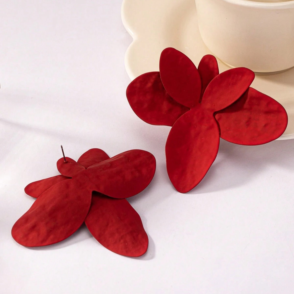 Red Metal Flowers Stud Earrings For Elegant Everyday Wear