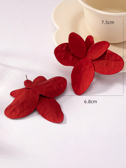 Red Metal Flowers Stud Earrings For Elegant Everyday Wear