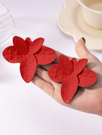 Red Metal Flowers Stud Earrings For Elegant Everyday Wear