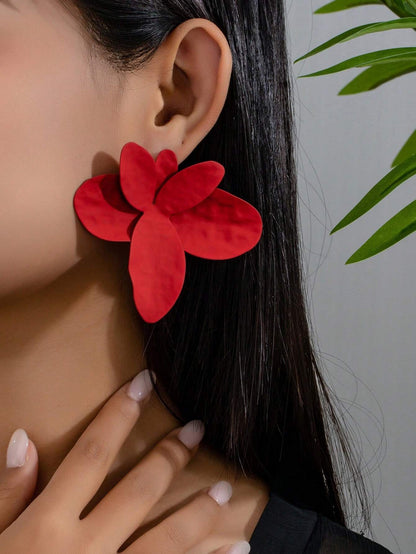 Red Metal Flowers Stud Earrings For Elegant Everyday Wear
