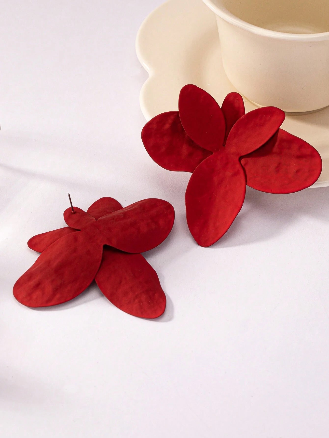Red Metal Flowers Stud Earrings For Elegant Everyday Wear