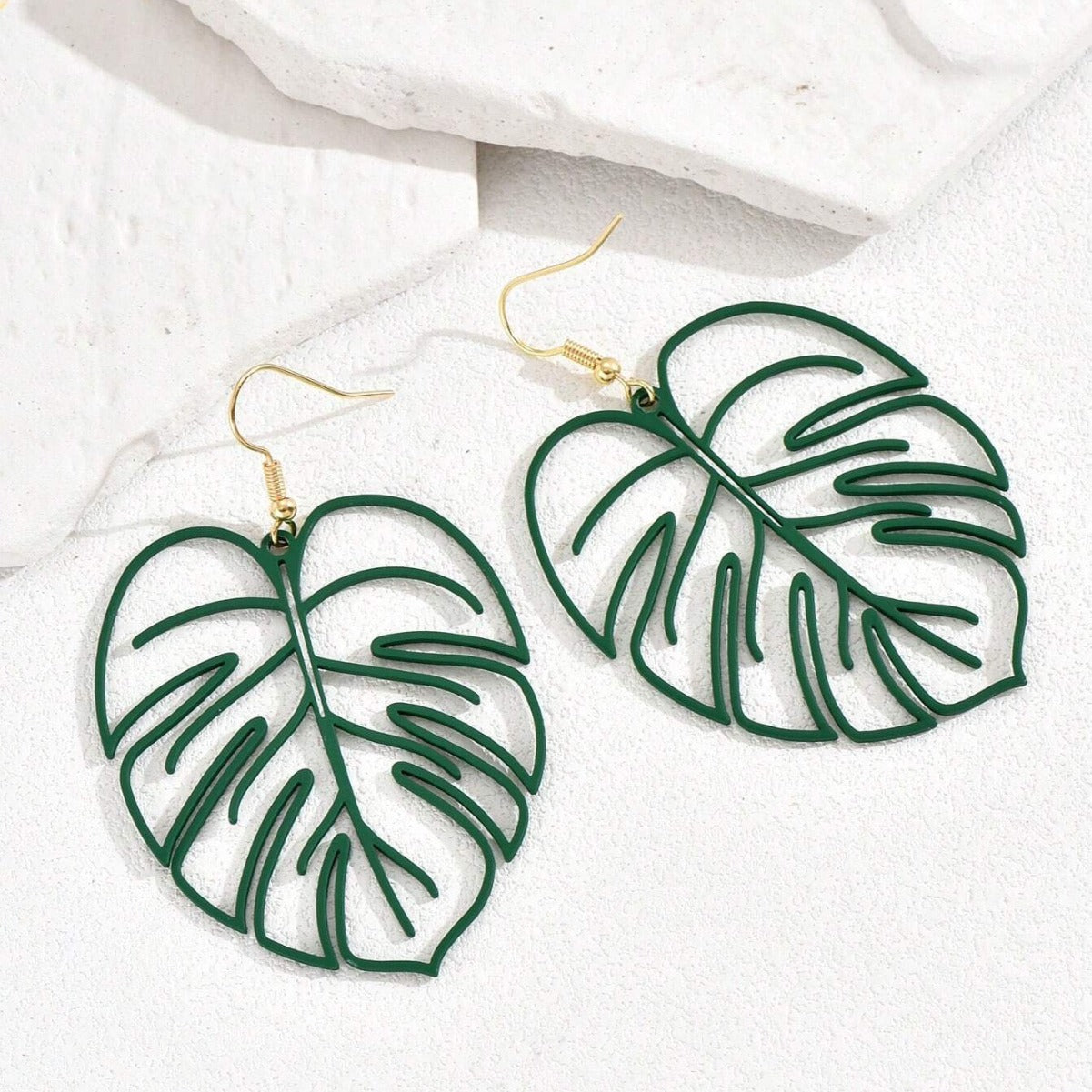 Leaves Drop Earrings For Women In Green Metal Featuring Elegant Design