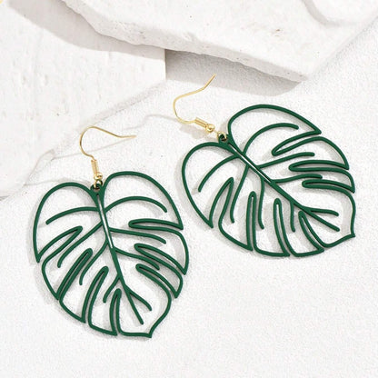 Leaves Drop Earrings For Women In Green Metal Featuring Elegant Design