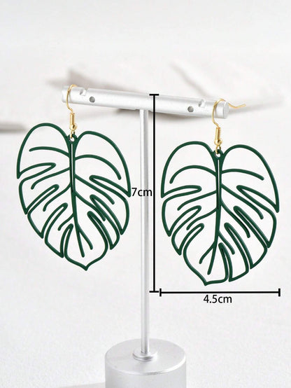 Leaves Drop Earrings For Women In Green Metal Featuring Elegant Design