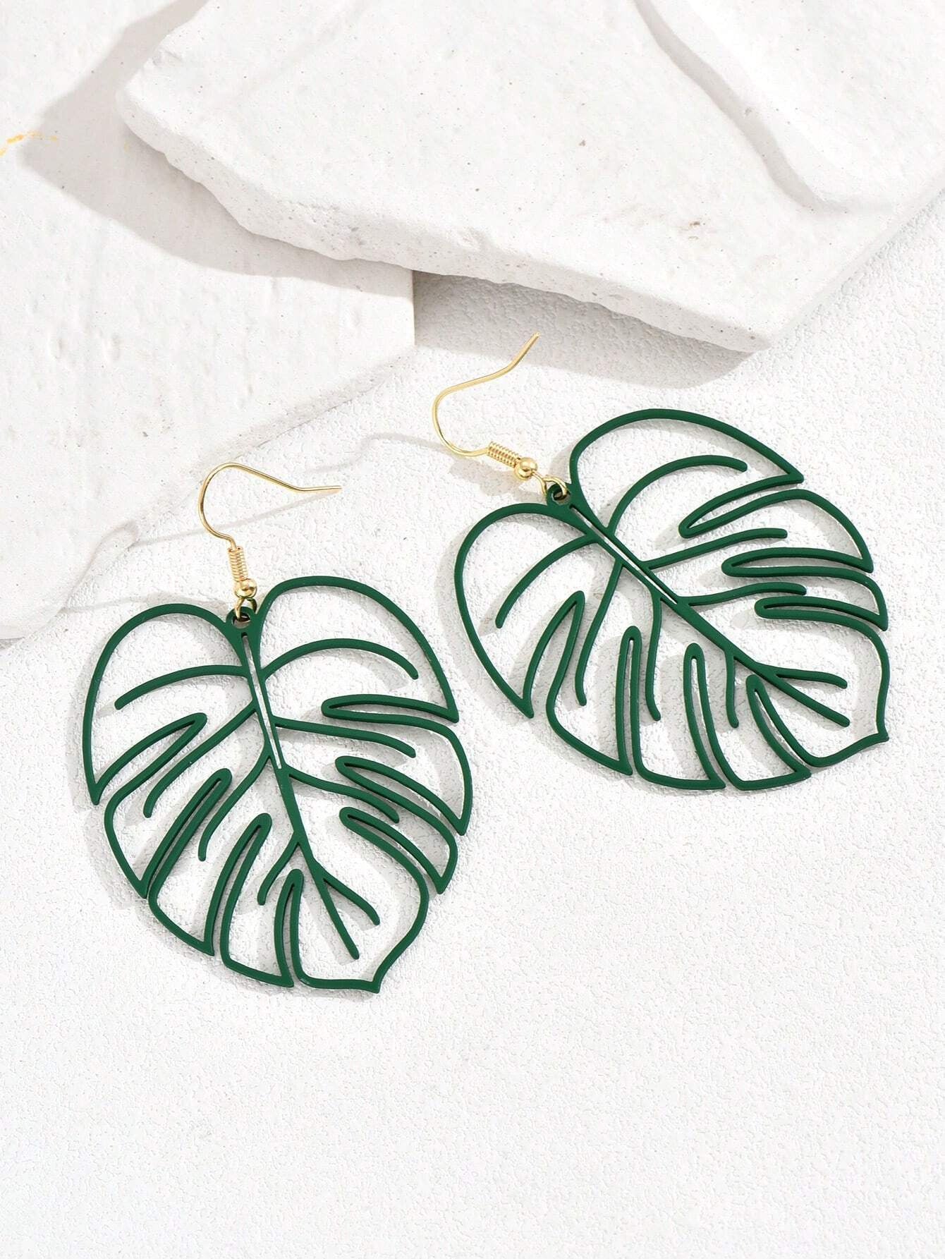 Leaves Drop Earrings For Women In Green Metal Featuring Elegant Design