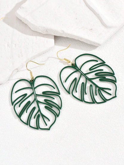 Leaves Drop Earrings For Women In Green Metal Featuring Elegant Design