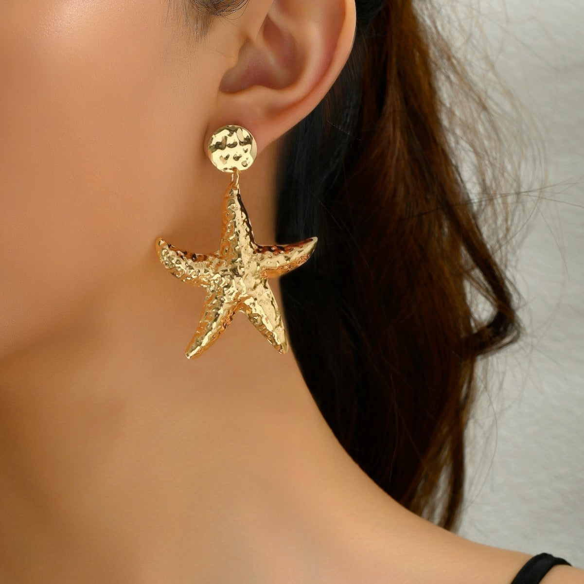 Starfish Drop Earrings For Women Featuring Hammered Golden Alloy Design