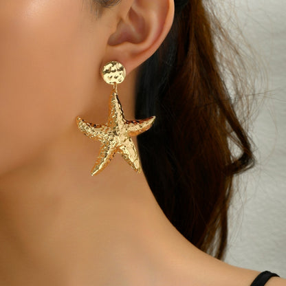 Starfish Drop Earrings For Women Featuring Hammered Golden Alloy Design