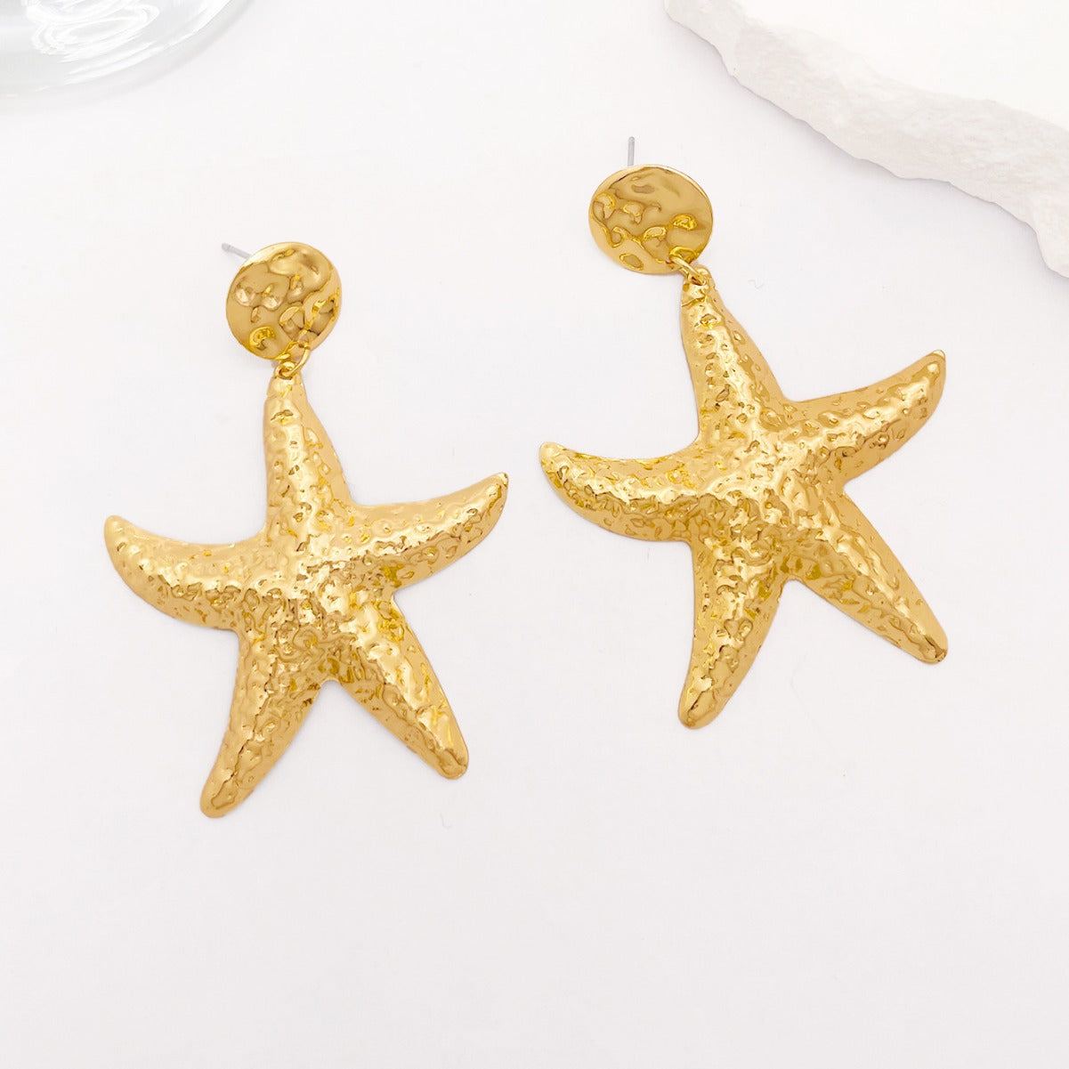 Starfish Drop Earrings For Women Featuring Hammered Golden Alloy Design