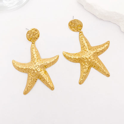 Starfish Drop Earrings For Women Featuring Hammered Golden Alloy Design
