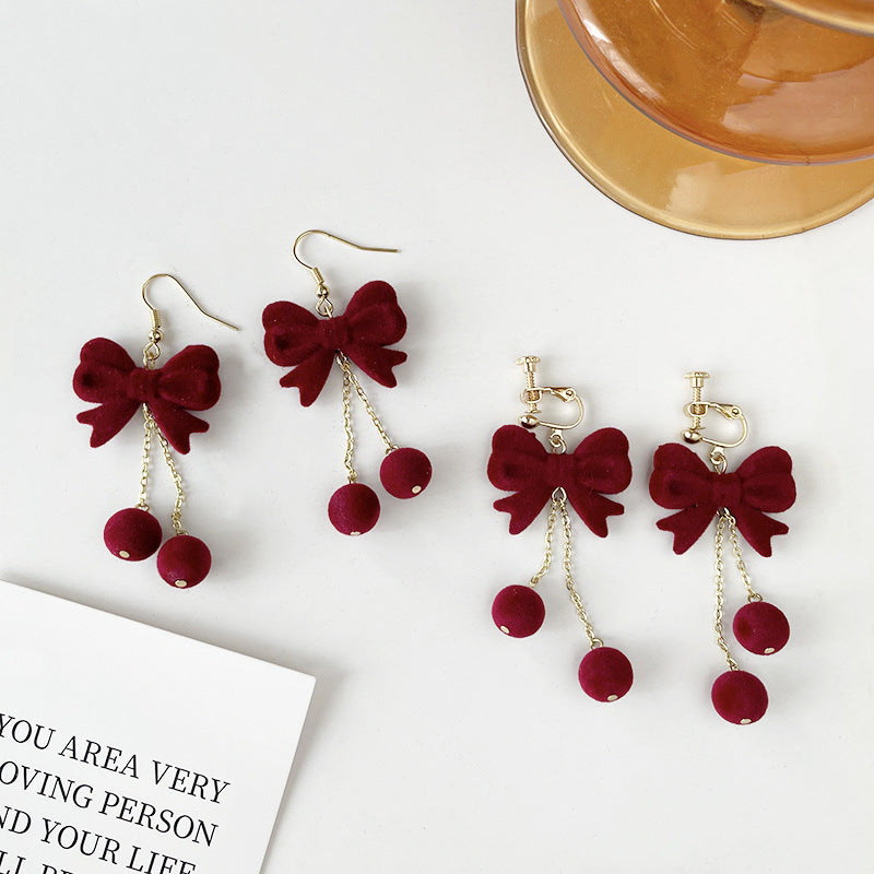 Red Flocking Bow Tie Ear Hook Earrings For New Year