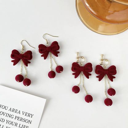 Red Flocking Bow Tie Ear Hook Earrings For New Year