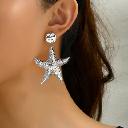 Starfish Drop Earrings For Women Featuring Hammered Golden Alloy Design