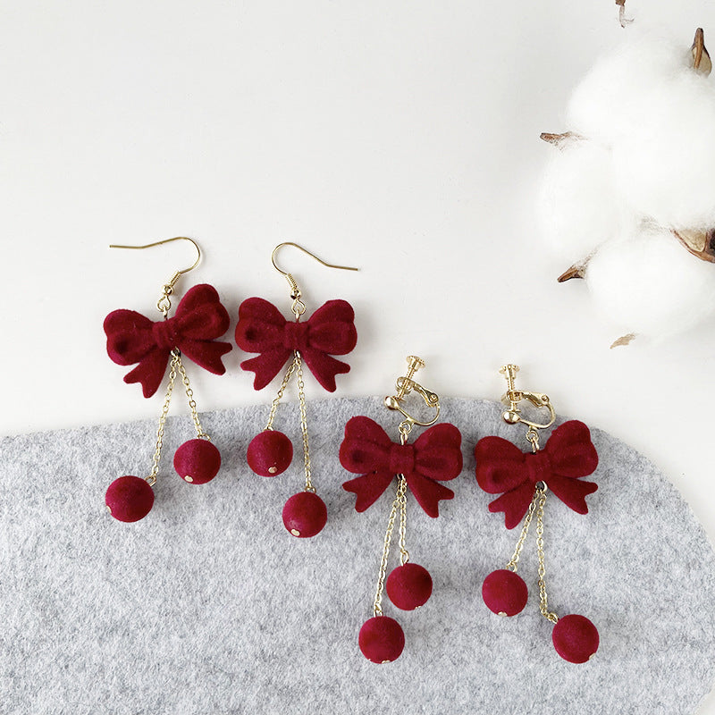 Red Flocking Bow Tie Ear Hook Earrings For New Year