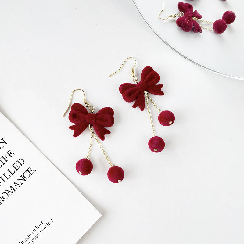 Red Flocking Bow Tie Ear Hook Earrings For New Year