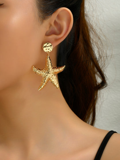 Starfish Drop Earrings For Women Featuring Hammered Golden Alloy Design