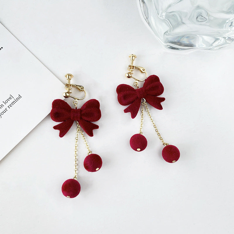 Red Flocking Bow Tie Ear Hook Earrings For New Year